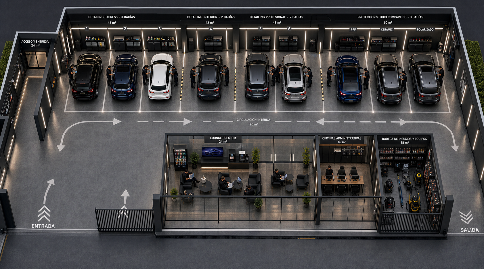Vista arquitectónica isométrica del taller premium de 300 metros cuadrados, con diez vehículos en bahías abiertas, circulación frontal, lounge acristalado, oficinas y bodega